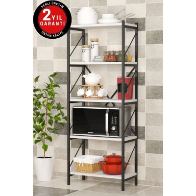 5 Raflı Metal Mutfak Düzenleyici Raf Metal 5 Raflı Kitaplık Mutfak Rafı Baharatlık Beyaz 150 Cm