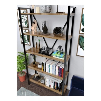5 Raflı Kitaplık Metal Gövde ,Ahşap Raflı Dekoratif Raf Ünitesi, Salon, Çalışma Odası, Ofis, 180cm