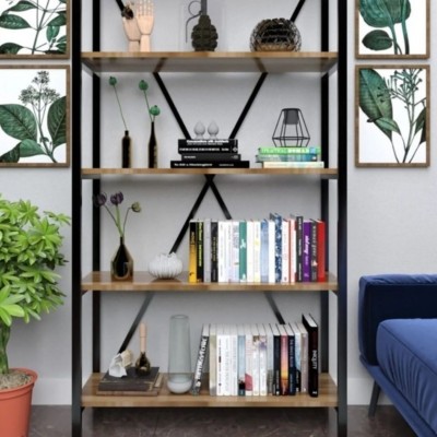 5 Raflı Kitaplık Metal Gövde ,Ahşap Raflı Dekoratif Raf Ünitesi, Salon, Çalışma Odası, Ofis, 180cm